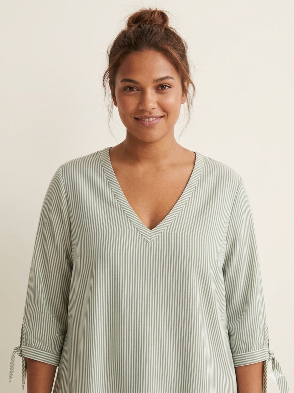 H&M L.O.G.G. Green Striped Tunic Top Tie 3/4 Sleeve Size 6